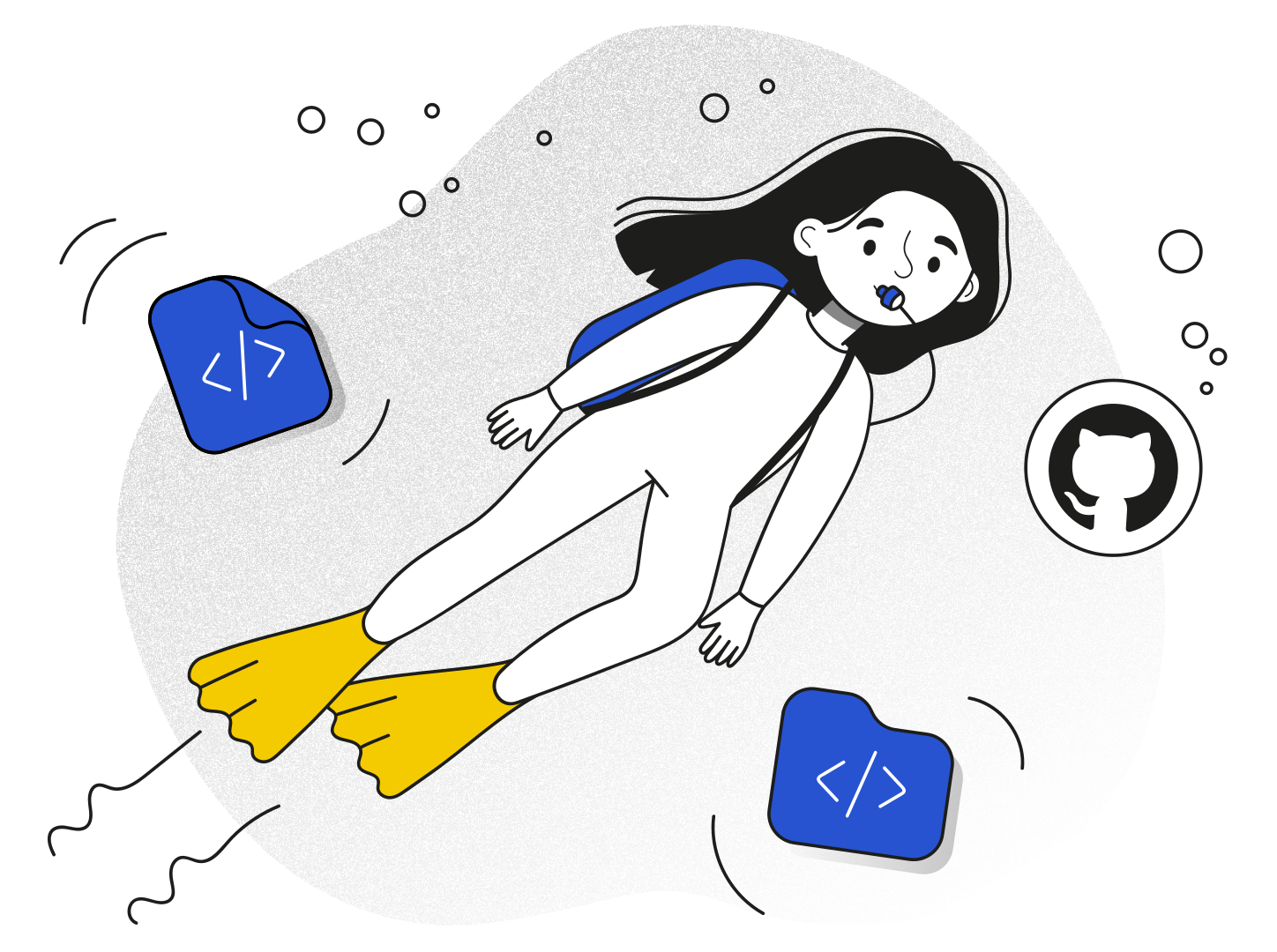 A diver surrounded by Github logo and documentation references